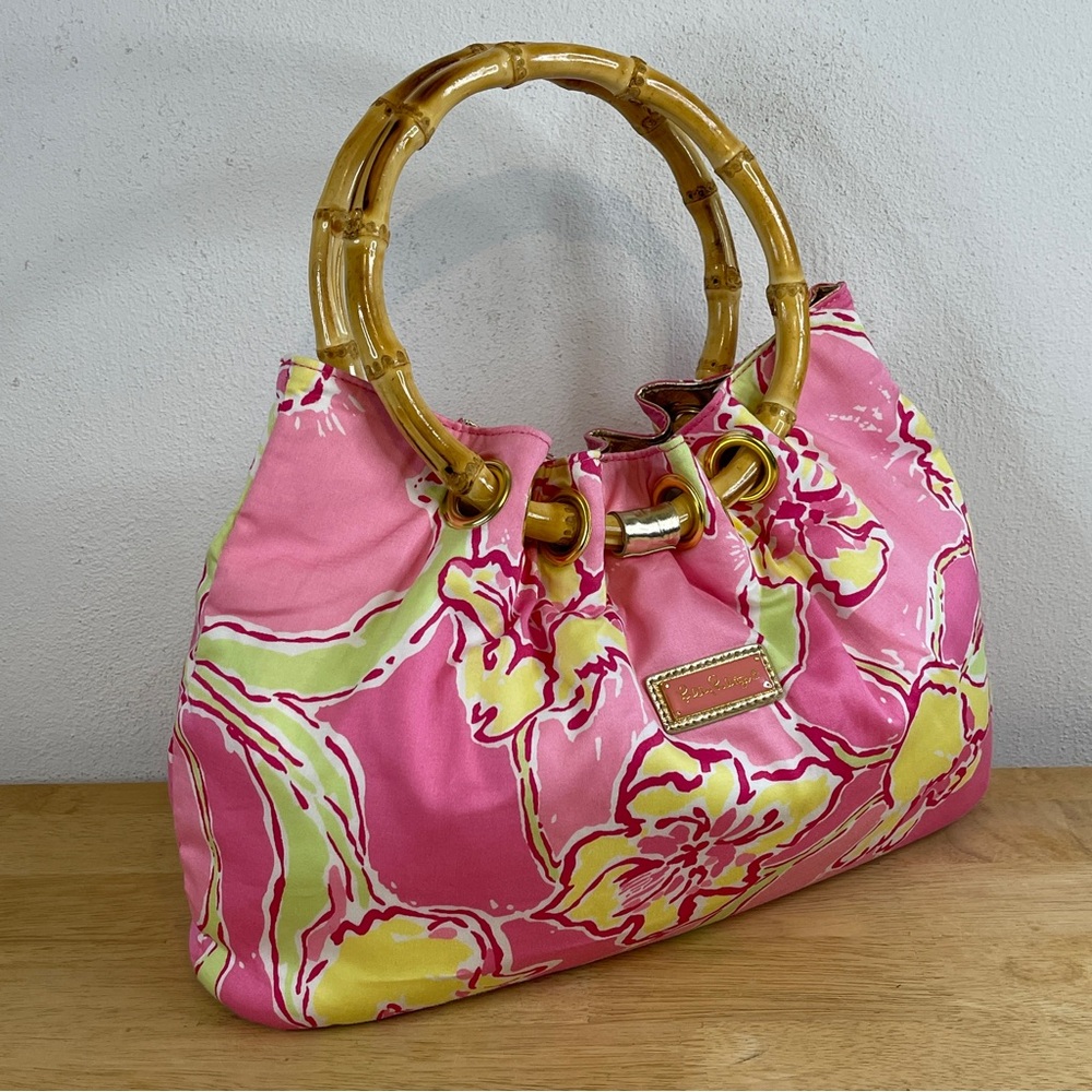 Lilly Pulitzer Pink Multicolor Floral Tropical Bamboo Handle Small Handbag